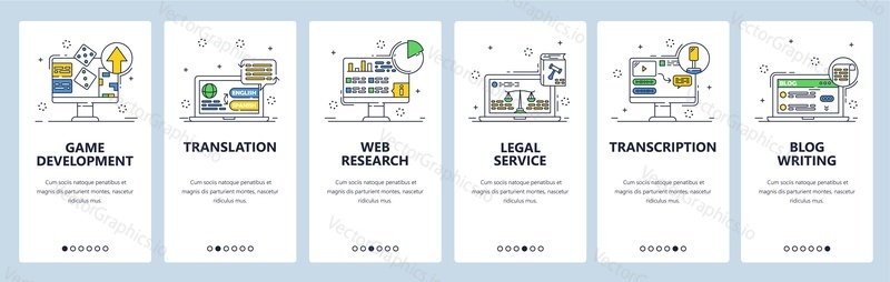 Freelance jobs. Work from home. Game development, translation, transcription, blogging. Mobile app screens. Vector banner template for website and mobile development. Web site design illustration.