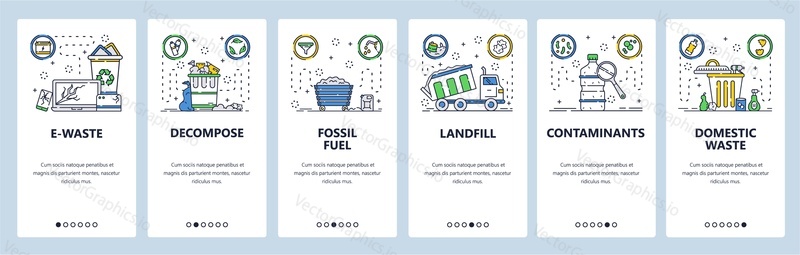 Household waste web site and mobile app onboarding screens. Menu banner vector template for website and application development. Electronic waste, fossil fuel, contaminants. Thin line art flat style.