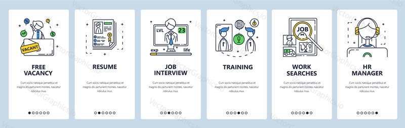 Free vacancy, job candidate interview, resume, work search, hr manager, training, hiring. Mobile app screens. Vector banner template for website and mobile development. Web site design illustration.