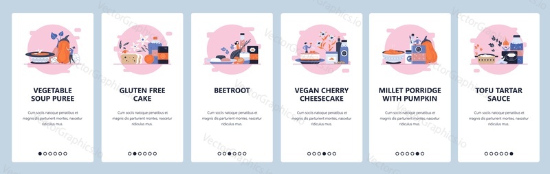 Organic healthy foods, gluten free diet, vegetable dishes, vegan cheesecake. Mobile app onboarding screens. Vector banner template for website and mobile development. Web site design illustration.
