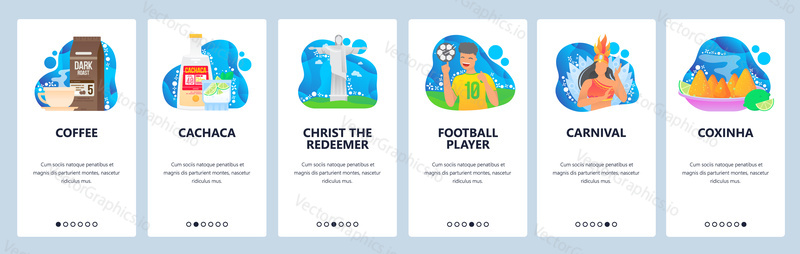 Brazilian culture web site and mobile app onboarding screens. Menu banner vector template for travel website and application development. Brazilian tourist attractions, carnival, traditional cuisine.