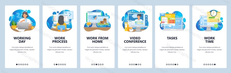Work from home. Video conference technology. Tasks, work time, working day. Home office. Mobile app screens. Vector banner template for website and mobile development. Web site design illustration.