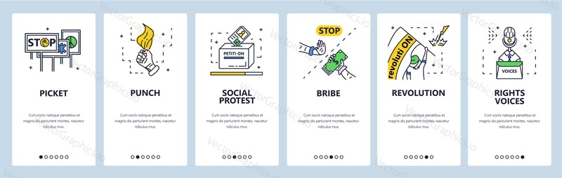 Social protest, revolution, stop bribe, demonstration or picket, punch, political meeting. Mobile app screens. Vector banner template for website and mobile development. Web site design illustration.