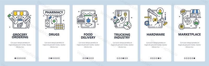 Рынок, оборудование, аптека. Онлайн-заказ продуктов. Доставка еды. Индустрия грузоперевозок. Экраны мобильных приложений. Векторный шаблон баннера для веб-сайта и мобильной разработки. Иллюстрация дизайна веб-сайта.