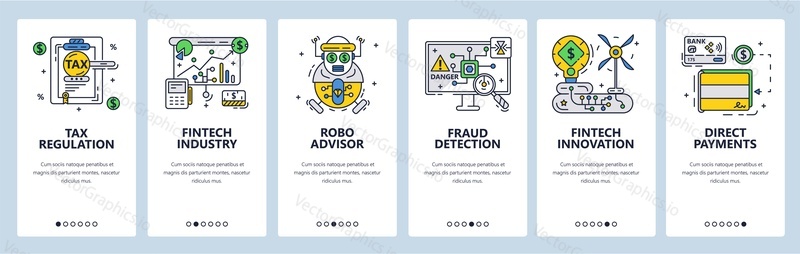 Fintech industry. Digital financial technology, innovation. Tax regulation. Direct payments. Mobile app screens. Vector banner template for website and mobile development. Web site design illustration