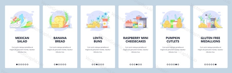 Healthy eating, gluten free foods, vegan diet, fruit and vegetable dishes. Mobile app onboarding screens. Vector banner template for website and mobile development. Web site design illustration.