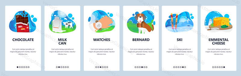 Švýcarsko webové stránky a mobilní aplikace onboarding obrazovek. Menu banner vektorová šablona pro cestovní webové stránky a vývoj aplikací s tekutými abstraktními tvary. Švýcarské hodinky, lyže, jídlo ve Švýcarsku.