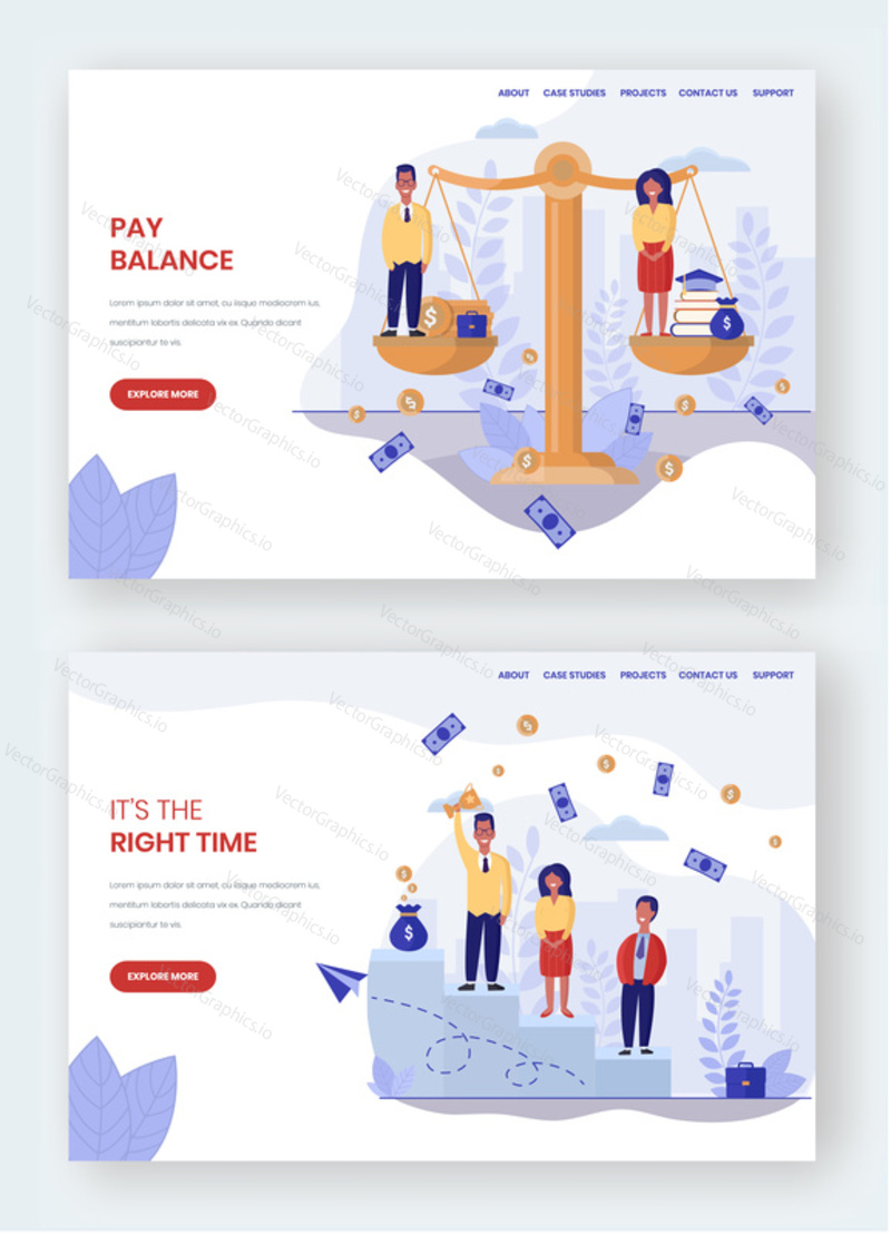 Vector website template, landing page design for website and mobile site development. Equal pay, salary, gender equality and gender balance concept web banners, flat style illustration.
