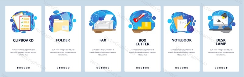 Office equipment, stationery, desk accessories. Fax, clipboard, folder, notebook, desk lamp. Mobile app screens. Vector banner template for website and mobile development. Web site design illustration