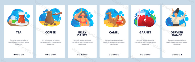 Turkey website and mobile app onboarding screens. Menu banner vector template for web site and application development with abstract shapes. Turkish coffee, tea, garnet. Traditions, culture in Turkey.