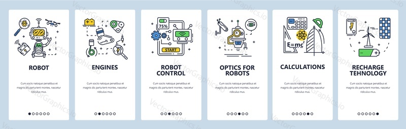 Технология робототехники. Двигатели, оптика для роботов, роботизированные транспортные средства, беспилотные интеллектуальные машины. Экраны мобильных приложений. Векторный шаблон баннера для веб-сайта и мобильной разработки. Иллюстрация дизайна веб-сайта.