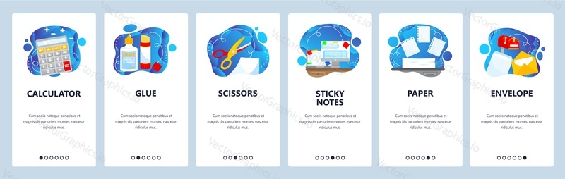 Kancelářské potřeby. Business workspace příslušenství a spotřební materiál. Kalkulačka, nůžky. Obrazovky mobilních aplikací. Vektorový banner šablona pro webové stránky a mobilní vývoj. Ilustrace designu webových stránek.
