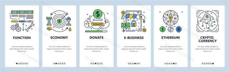 Economy and electronic business. Cryptocurrency. Mobile app onboarding screens. Vector banner template for website and mobile development. Web site design illustration.