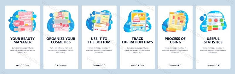 Cosmetics and beauty website and mobile app onboarding screens. Menu banner vector template for web site and application development. Project pan cosmetics organizer, beauty manager, tracking expiry.