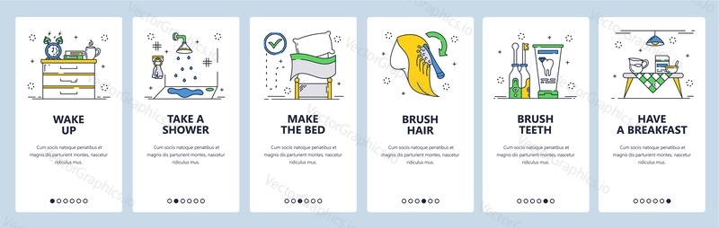 Ranní rutina webové stránky a mobilní aplikace onboarding obrazovky. Menu banner vektorová šablona pro vývoj webových stránek a aplikací. Každodenní ranní návyky probudit se, osprchovat se, čistit zuby jíst snídani