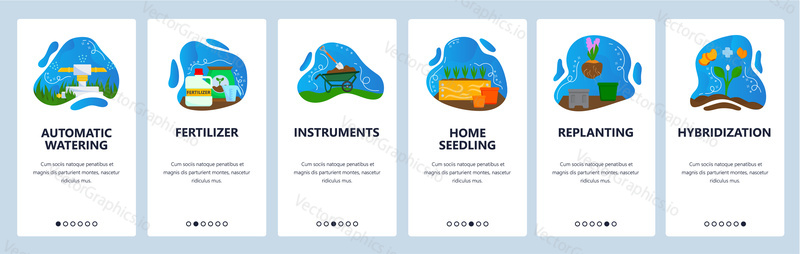 Zahradnické webové stránky a mobilní aplikace onboarding obrazovky. Menu banner vektorová šablona pro vývoj webových stránek a aplikací. Domácí sazenice zalévat hnojivo přesazování hybridizace zahradnické nářadí