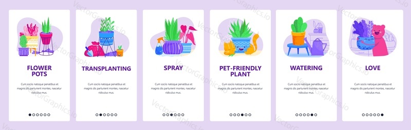 Pěstování pokojových rostlin webové stránky a mobilní aplikace onboarding obrazovky. Menu banner vektorová šablona pro vývoj webových stránek a aplikací. Hrnkové rostliny domácí zahradnictví, péče o pokojové rostliny, rostliny vhodné pro domácí mazlíčky