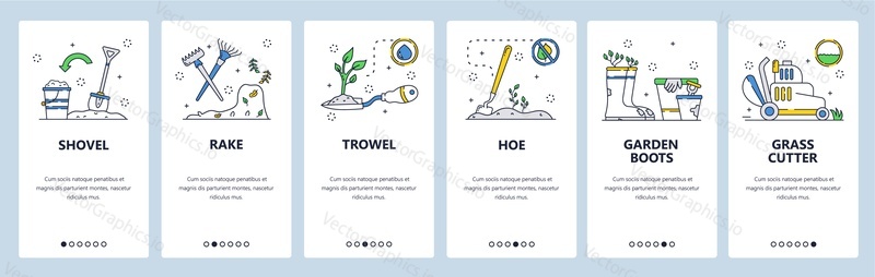 Gardening website and mobile app onboarding screens. Menu banner vector template for web site and application development. Garden boots and gardening tools shovel, rake, trowel, hoe, grass cutter.