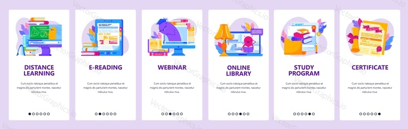 Webové stránky distančního vzdělávání a mobilní aplikace onboarding obrazovky. Menu banner vektorová šablona pro vývoj webových stránek a aplikací. Distanční vzdělávání, e-learning, Online knihovna, webinář, certifikát.