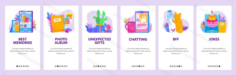 Internetová komunikace a chat webové stránky a mobilní aplikace onboarding obrazovky. Menu banner vektorová šablona pro vývoj webových stránek a aplikací. Nejlepší přátelé navždy, fotoalbum, vtipy, nejlepší vzpomínky