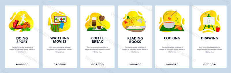 Habit tracking webové stránky a mobilní aplikace onboarding obrazovky. Menu banner vektorová šablona pro vývoj webových stránek a aplikací. Denní aktivity, návyky. Čtení vaření, sport, kreslení, sledování televize.
