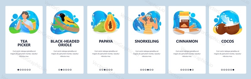 Sri Lanka website and mobile app onboarding screens. Menu banner vector template for web site and application development. Sri Lanka culture, food industry, tea, papaya, coconut, cinnamon production.