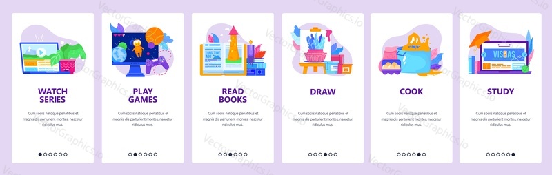 Stay home website and mobile app onboarding screens. Menu banner vector template for web site and application development. Stay at home app for people in quarantine. Watch tv, draw, cook, read book.