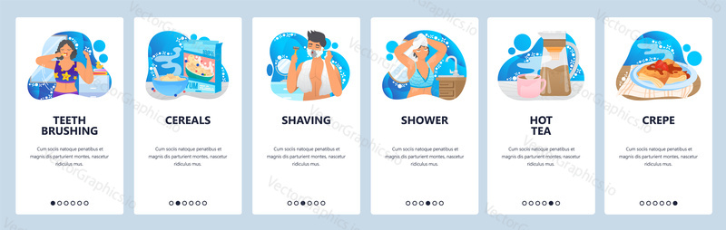 Ranní rutina webové stránky a mobilní aplikace onboarding obrazovky. Menu banner vektorová šablona pro vývoj webových stránek a aplikací. Ranní návyky čištění zubů, holení, sprcha, cereálie k snídani.