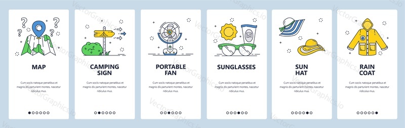 Letní cestovní web a mobilní aplikace onboarding obrazovky. Menu banner vektorová šablona pro vývoj webových stránek a aplikací. Plánování letní dovolené, cestovní mapa, plážové doplňky. Tenká čára umění.