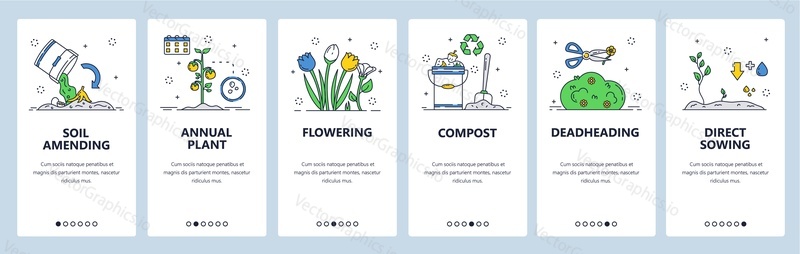 Gardening plants website and mobile app onboarding screens. Menu banner vector template for web site and application development. Planting vegetables, flowering, soil amending, sowing plant seeds.
