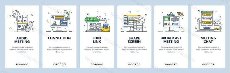 Remote team meeting chat, audio conferencing. Tools for remote work, online communication. Mobile app screens. Vector banner template for website and mobile development. Web site design illustration.
