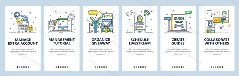 Nástroje pro řízení obchodních projektů. Spravovat účet, organizovat prozradí, plán livestream. Obrazovky mobilních aplikací. Vektorový banner šablona pro webové stránky a mobilní vývoj. Ilustrace designu webových stránek.