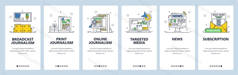 Broadcast, print, online journalism types, news, targeted media. Mobile app onboarding screens. Vector banner template for website and mobile development. Web site design illustration.