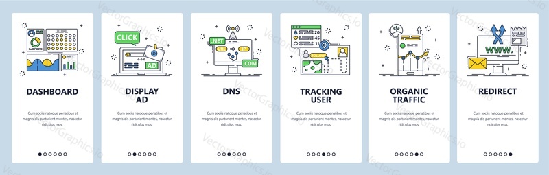 Приложение для мониторинга активности пользователей. Панель мониторинга, dns, органический трафик. Мобильное приложение для отслеживания действий на экранах. Векторный шаблон баннера для веб-сайта и мобильной разработки. Иллюстрация дизайна веб-сайта.