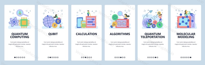 Webové stránky Quantum computing a mobilní aplikace onboarding obrazovky. Menu banner vektorová šablona pro vývoj webových stránek a aplikací. Kvantová teleportace molekulární modelování, algoritmy qubit technologie