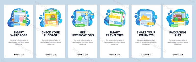 Webové stránky Travel service a mobilní aplikace onboarding obrazovky. Menu banner vektorová šablona pro vývoj webových stránek a aplikací. Chytrá skříň, tipy na cestování a balení, plánovač cestování.