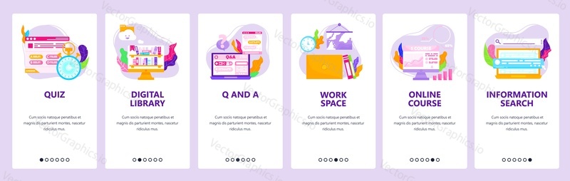 Online kurz, kvíz, digitální knihovna, vyhledávání informací, distanční vzdělávání. Mobilní aplikace onboarding obrazovky. Vektorový banner šablona pro webové stránky a mobilní vývoj. Ilustrace designu webových stránek.