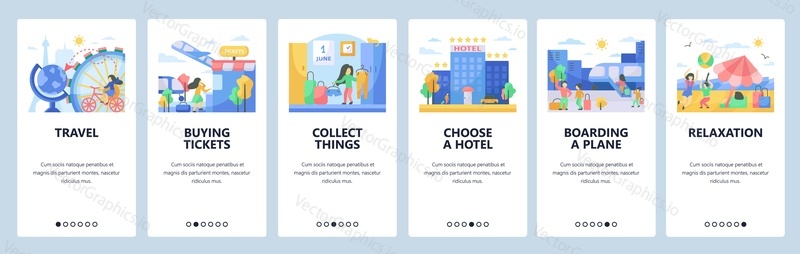 Cestovní web a mobilní aplikace onboarding obrazovky. Menu banner vektorová šablona pro vývoj webových stránek a aplikací. Nákup vstupenek, výběr hotelu, nástupní Letadlo, sbírání věcí pro cestování.
