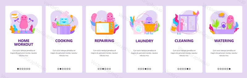 Home activity. Cooking, laundry, cleaning, repairing, watering houseplants, home workout. Mobile app screens. Vector banner template for website and mobile development. Web site design illustration.