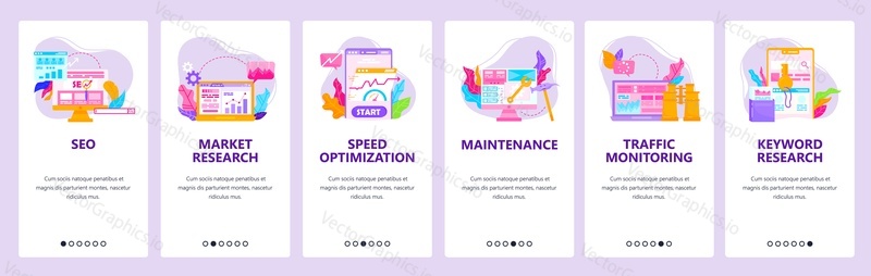 Seo-оптимизация, мониторинг трафика, цифровой маркетинг и исследование ключевых слов. Экраны загрузки мобильных приложений. Векторный шаблон баннера для веб-сайта и мобильной разработки. Иллюстрация дизайна веб-сайта.