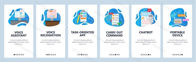 Voice assistant website and mobile app onboarding screens. Menu banner vector template for web site and application development. Personal assistant, chatbot, voice recognition.