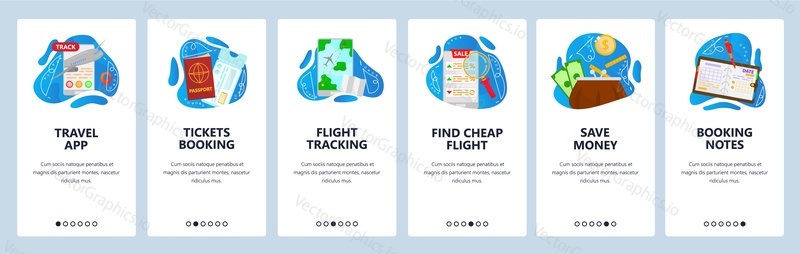 Cestovní web a mobilní aplikace onboarding obrazovky. Menu banner vektorová šablona pro vývoj webových stránek a aplikací. Rezervace vstupenek, sledování letu, levný let, rezervační poznámky, úspora peněz.