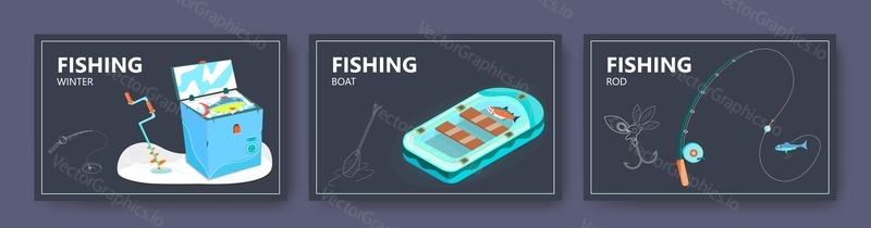 Fishing tackle shop website banner template set, landing page concept vector illustration. Fishing rod, boat, ice fishing equipment.