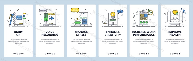 Webové stránky deníku a mobilní aplikace onboarding obrazovky. Menu banner vektorová šablona pro vývoj webových stránek a aplikací. Osobní deník deník s hlasovým záznamem pro zvládání stresu, zvýšení kreativity.