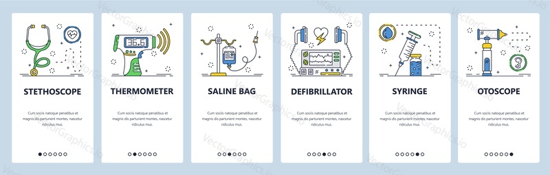Medical equipment online. Stethoscope, thermometer, otoscope, syringe, defibrillator. Mobile app screens. Vector banner template for website and mobile development. Web site design illustration.