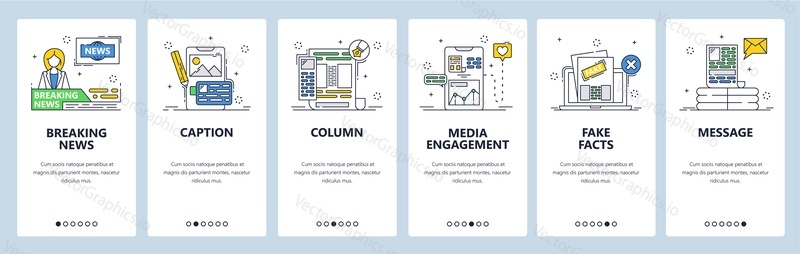 Breaking news, newspaper column, caption, message, fake news. Mobile app onboarding screens. Vector banner template for website and mobile development. Web site design illustration.