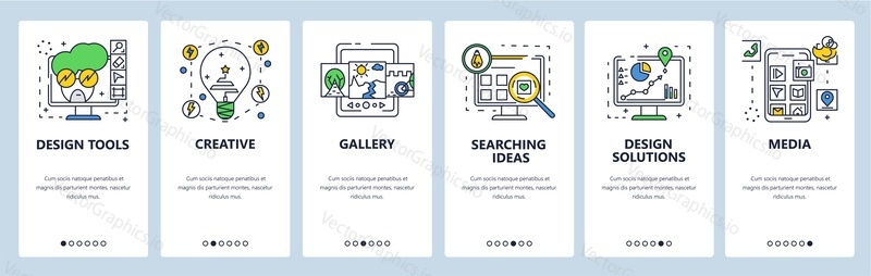 Design solutions, drawing tools, searching ideas, creativity. Mobile app onboarding screens. Vector banner template for website and mobile development. Web site design illustration.