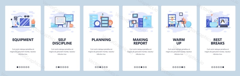 Equipment and connection for working remotely from home, planning of work, self discipline. Mobile app screens. Vector banner template for website and mobile development. Web site design illustration.