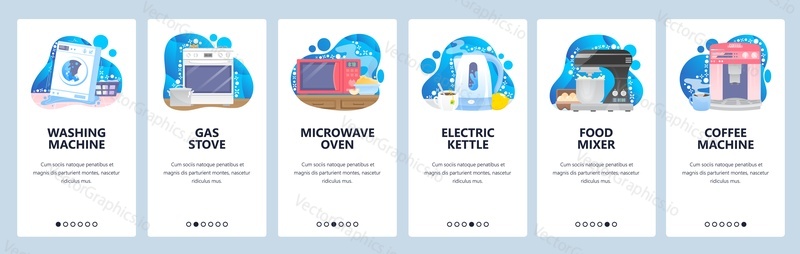 Kitchen and home appliances. Washing machine, kitchen electronics for cooking needs. Mobile app screens. Vector banner template for website and mobile development. Web site design illustration.