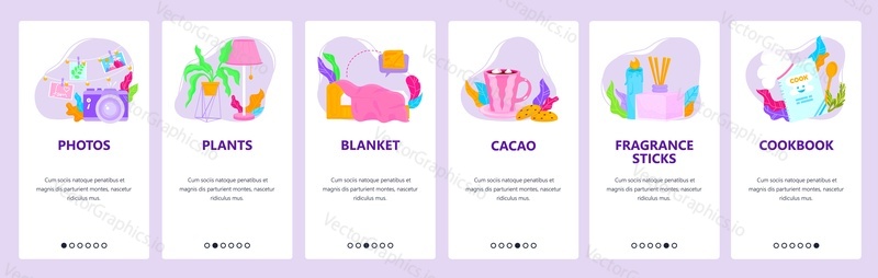 Уютный датский стиль жизни Hygge. Фотографии, растения, одеяло, какао, ароматические палочки, кулинарная книга. Экраны мобильных приложений. Векторный шаблон баннера для веб-сайта и мобильной разработки. Иллюстрация дизайна веб-сайта.